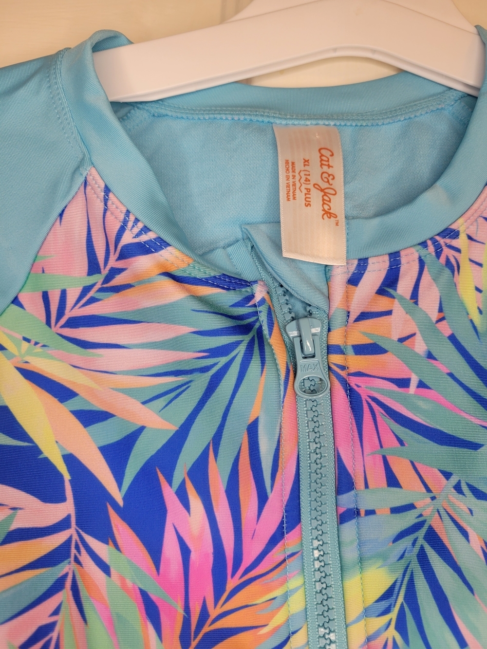 Cat & Jack Girls 14/XL Light Blue Tropical Print One Piece Rash Guard Swimsuit. - Picture 4 of 6